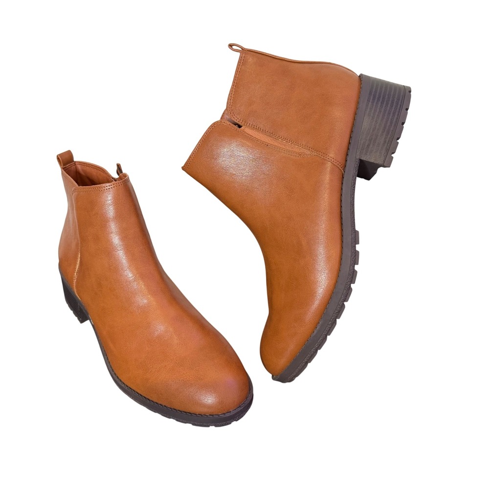 Cognac Brown Ankle Boots Womens 12 Lug‎ Sole Faux Leather Low Block Heel  Zip